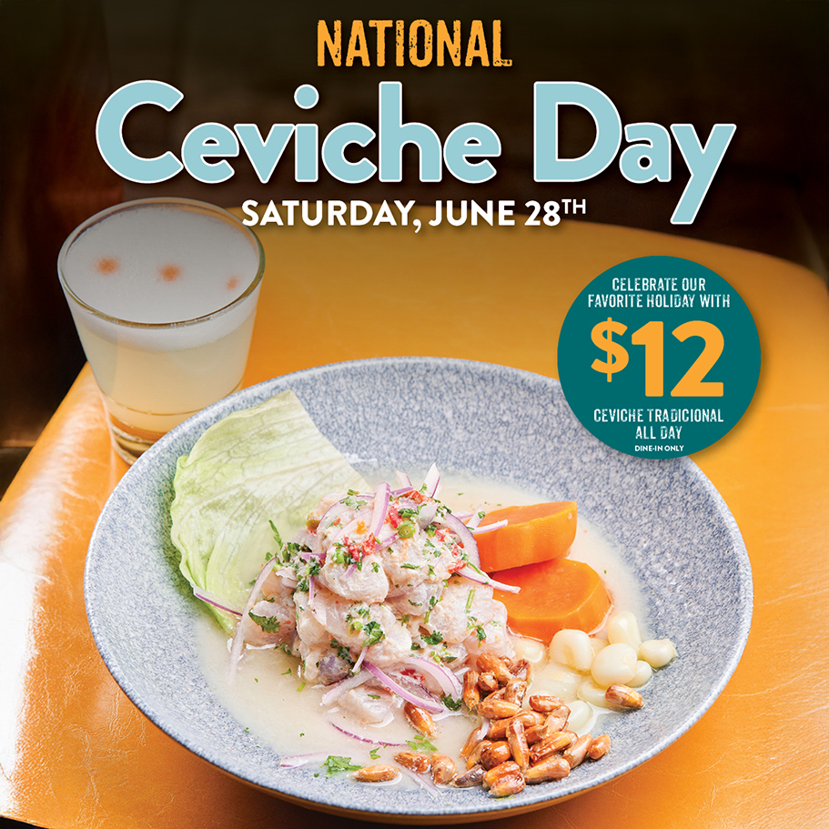Plate of traditional Peruvian ceviche served at Pisco y Nazca for National Ceviche Day promotion.