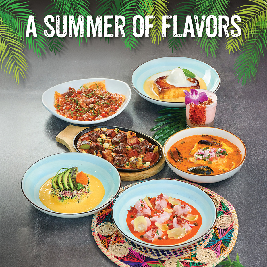 Colorful Peruvian dishes from Pisco y Nazca’s Summer Menu 2025, including quinoa acevichada and grilled anticucho, available for dinner only.