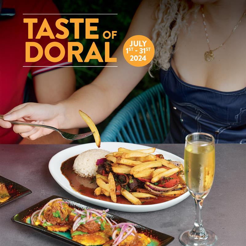 Diners enjoying a Taste of Doral prix fixe meal at Pisco y Nazca, featuring lomo saltado with fries, rice, and a sparkling drink.