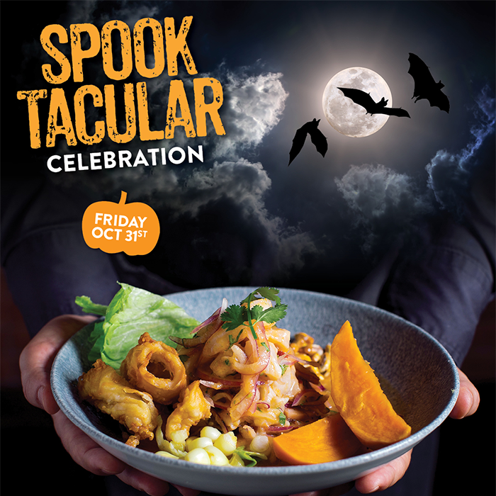 Halloween and Noche de la Canción Criolla celebration at Pisco y Nazca featuring ceviche, costume contest, and happy hour drink specials.