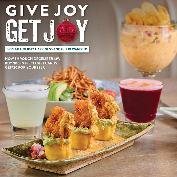 Holiday promotion at Pisco y Nazca featuring festive decor, Peruvian dishes, and a $20 bonus gift card offer for every $100 in gift cards purchased through December 31st.