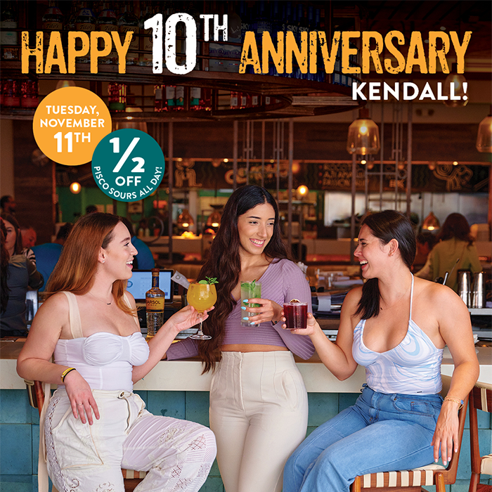 Pisco y Nazca Kendall’s 10th Anniversary with guests enjoying cocktails, Pisco Sours, Chaufa dishes, and the restaurant’s lively interior and exterior.