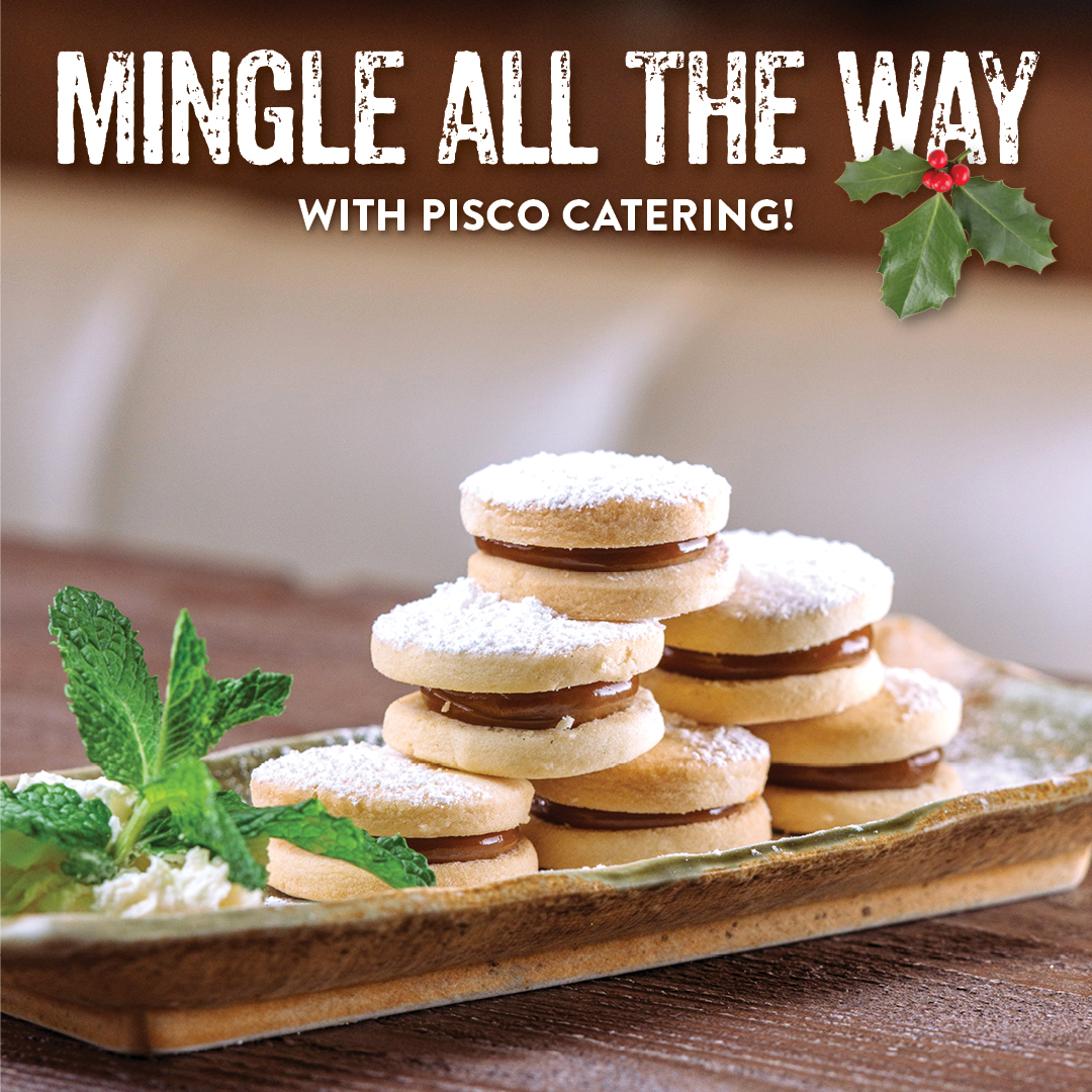 Holiday catering spread from Pisco y Nazca featuring alfajores, salad, fries, and wings, with promo offering complimentary family order of alfajores on orders over $100.