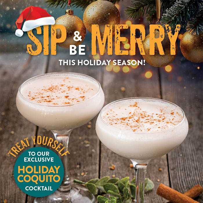Two glasses of holiday coquito cocktail garnished with cinnamon, surrounded by festive decorations and warm holiday lighting.