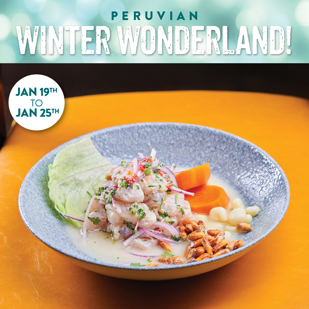 Peruvian ceviche dish served at Pisco y Nazca for DC Restaurant Week, featuring fresh seafood, cancha, sweet potato, and lettuce. January 19th to 25th.