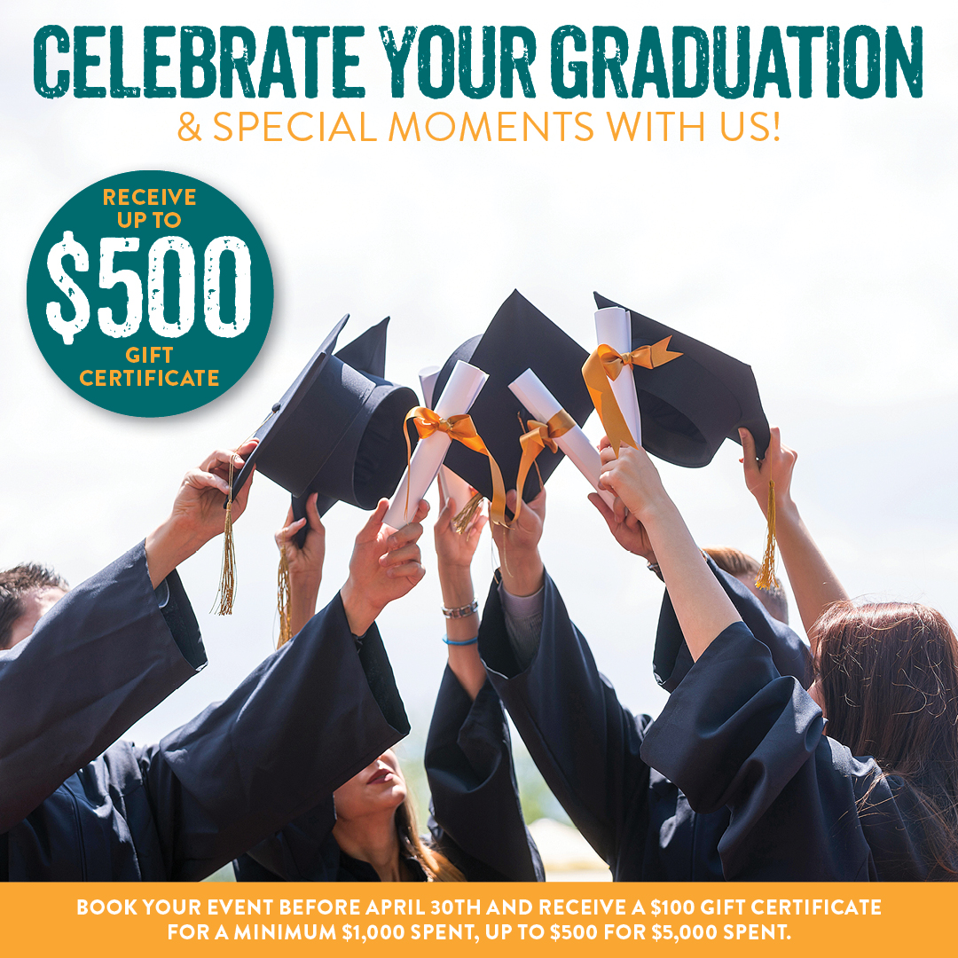 Promotional banner for Pisco y Nazca featuring graduates raising caps and diplomas with text “Celebrate Your Graduation & Special Moments With Us” and an offer to receive up to a $500 gift certificate for booking an event before April 30th.