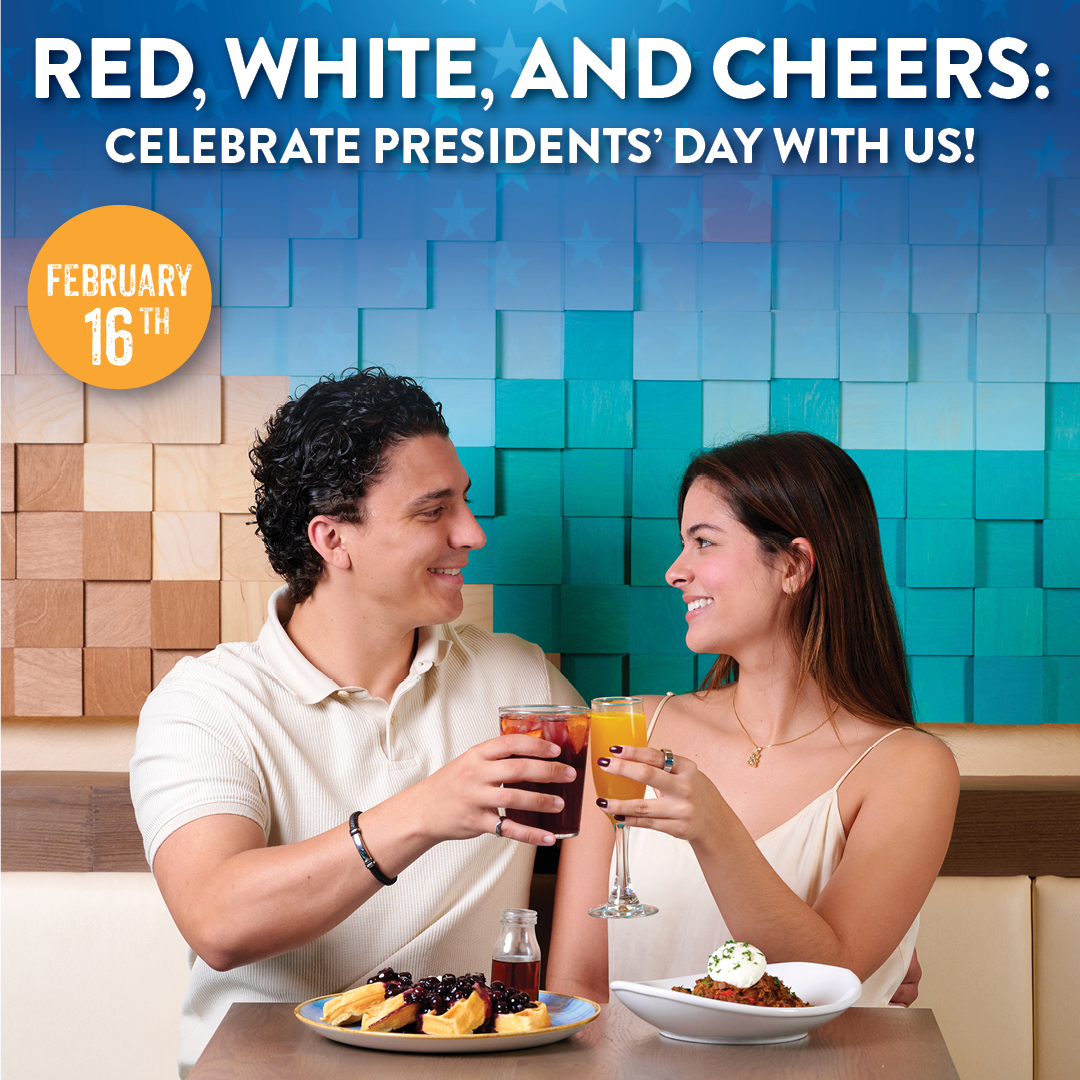 Couple toasting with pisco sours and mimosas while enjoying Presidents’ Day brunch at Pisco y Nazca, featuring Peruvian-inspired dishes and festive red, white, and blue decor for February 16.