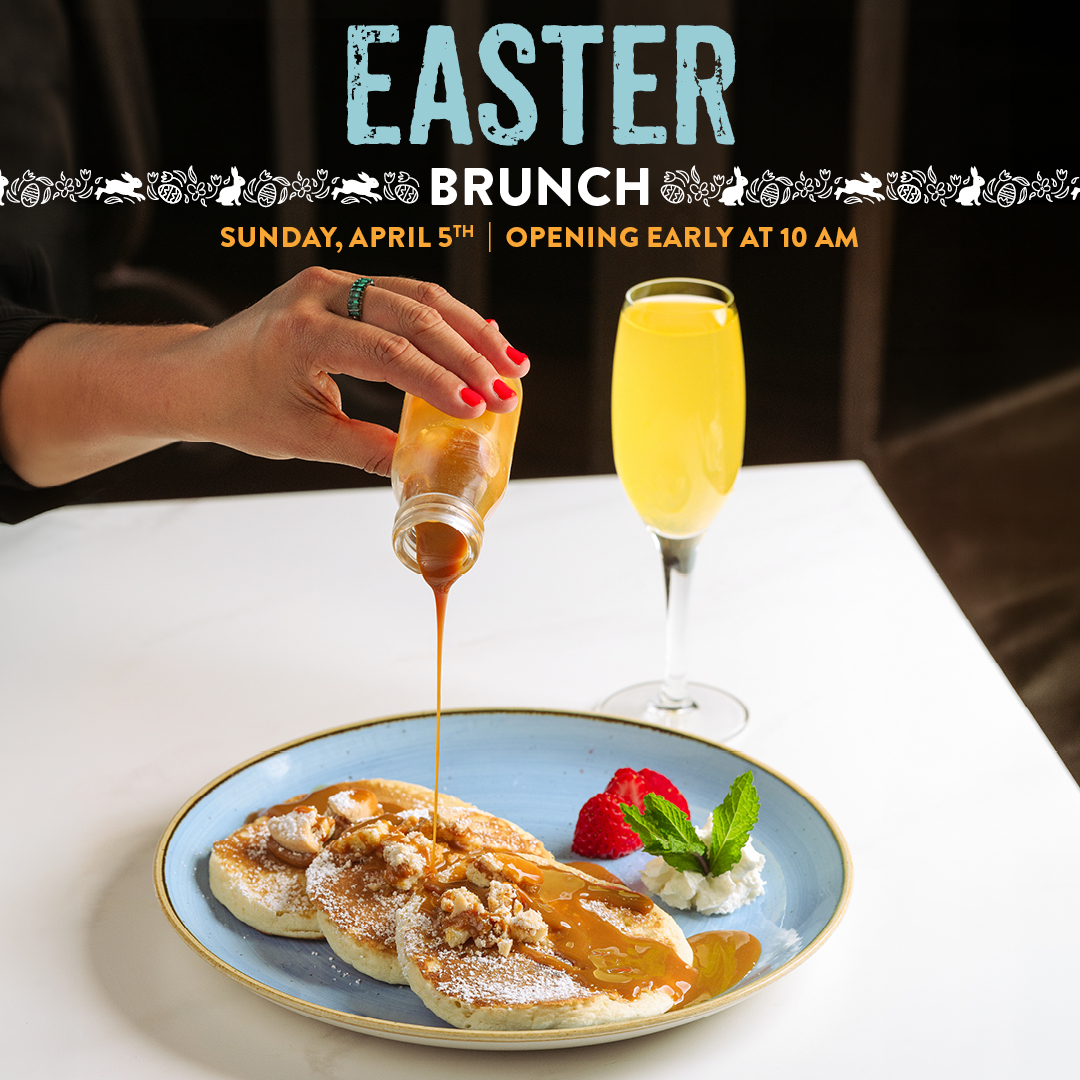 “Pisco y Nazca Easter brunch promotion featuring pancakes topped with powdered sugar and caramel syrup being poured, with text announcing Easter brunch on Sunday, April 5th, opening early at 10 AM.”