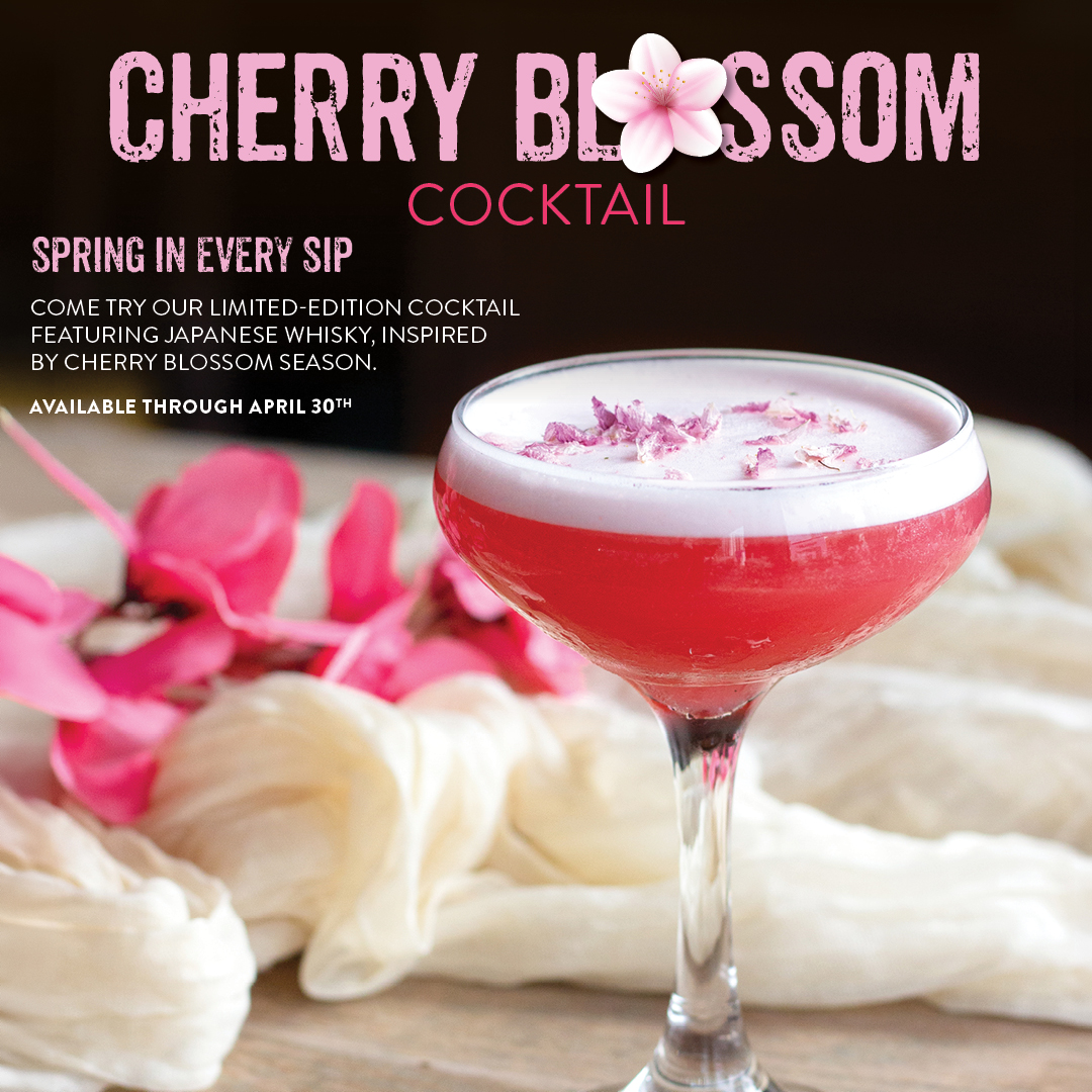 Cherry Blossom cocktail at Pisco y Nazca made with Japanese whisky, topped with foam and petals, available for a limited time through April 30