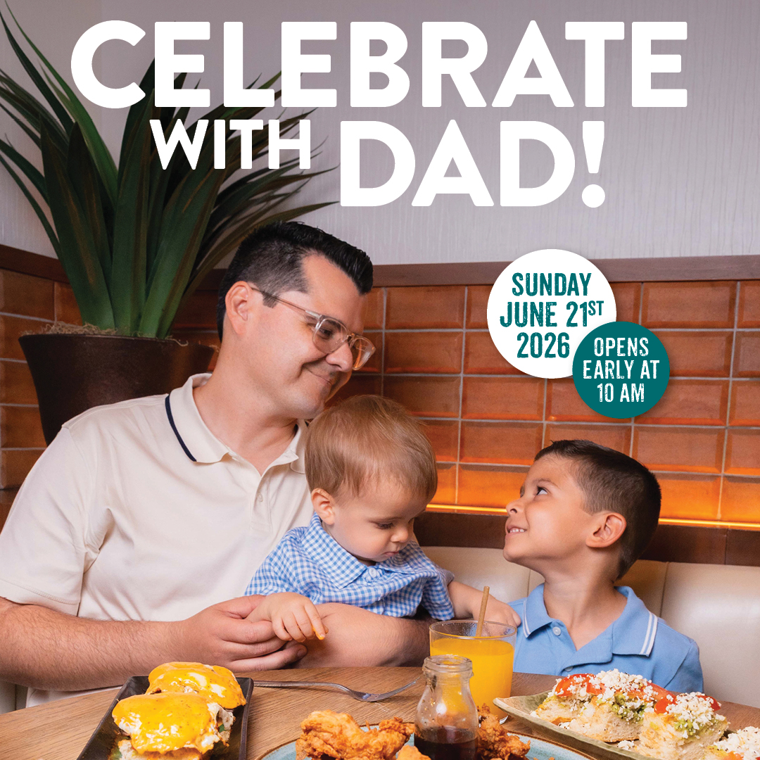 Father enjoying Father’s Day brunch with his children at Pisco y Nazca, with the text “Celebrate with Dad!” and details for Sunday, June 21st, 2026, opening early at 10AM.
