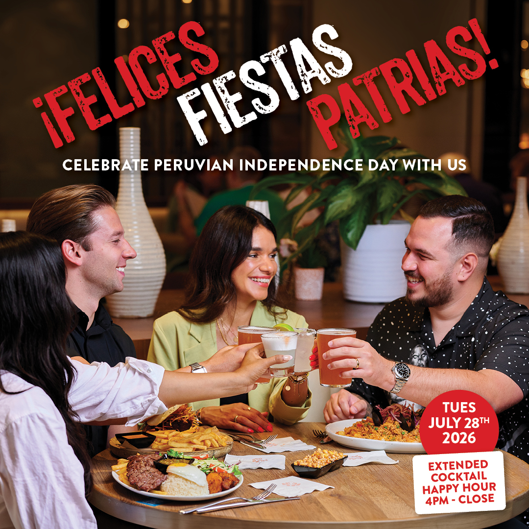 Guests raise cocktails in a toast at Pisco y Nazca while celebrating Peruvian Independence Day. The graphic reads “¡Felices Fiestas Patrias!”, invites guests to celebrate on Tuesday, July 28, 2026, and highlights extended Cocktail Happy Hour from 4 PM until close.