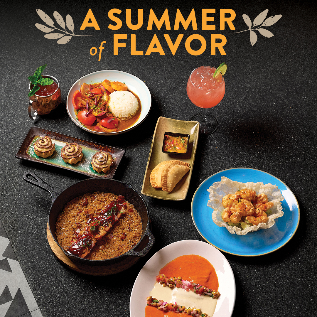 Pisco y Nazca summer menu graphic featuring seasonal Peruvian dishes including empanadas, tiradito, salmon, shrimp, pork belly rice, profiteroles, and refreshing summer cocktails on a dark textured background.