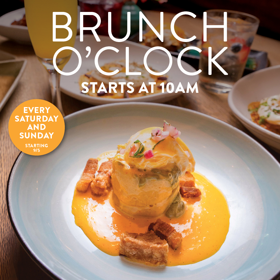 Pisco y Nazca Washington, DC brunch promotion featuring a Peruvian brunch dish with text reading “Brunch O’Clock Starts at 10AM,” available every Saturday and Sunday starting September 5th.