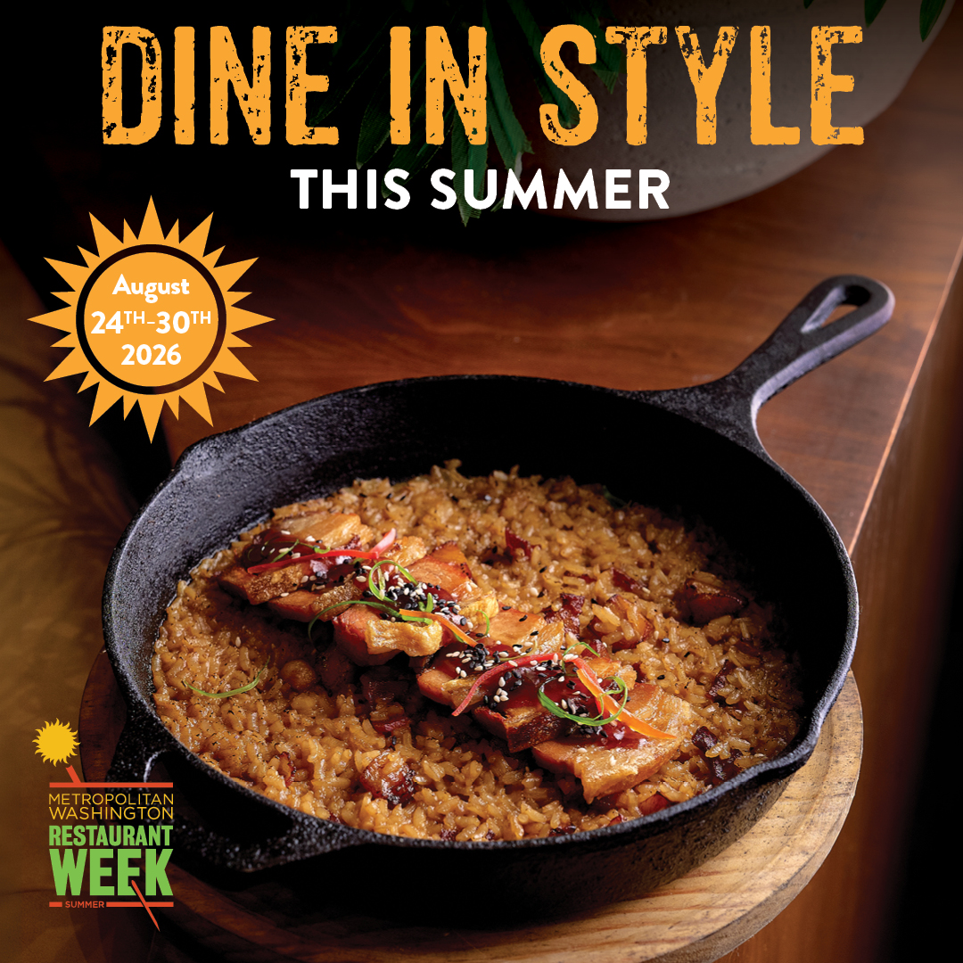 Pisco y Nazca Metropolitan Washington Restaurant Week promotion featuring a rice dish in a cast iron skillet with the message “Dine in Style This Summer.” Available August 24th through August 30th, 2026.