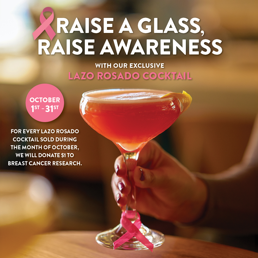 Pisco y Nazca Lazo Rosado cocktail for Breast Cancer Awareness Month, available October 1st–31st, with $1 donated to breast cancer research for every cocktail sold.