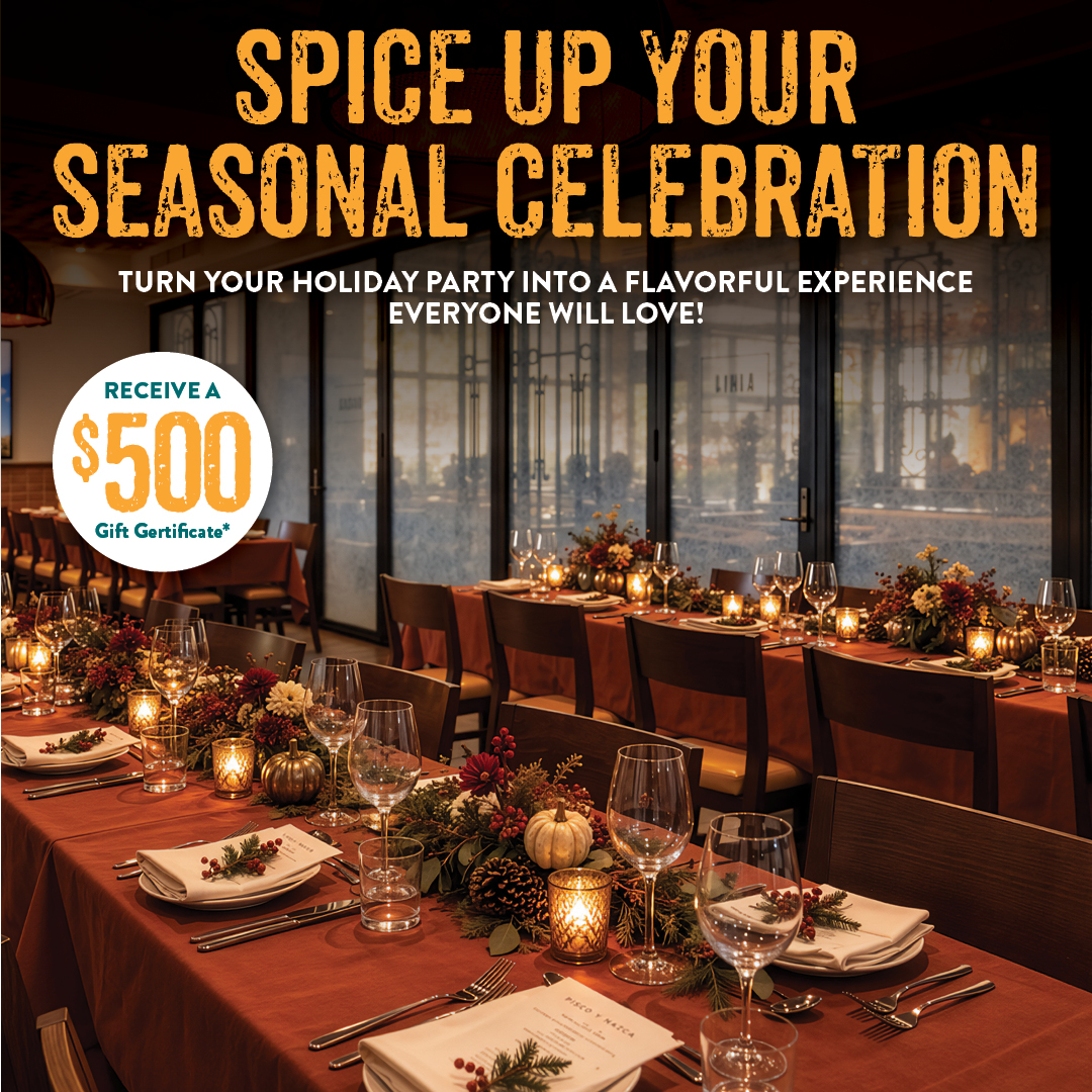 Pisco y Nazca holiday private dining promotion featuring a festive restaurant setup and a $500 gift certificate offer for early bookings.
