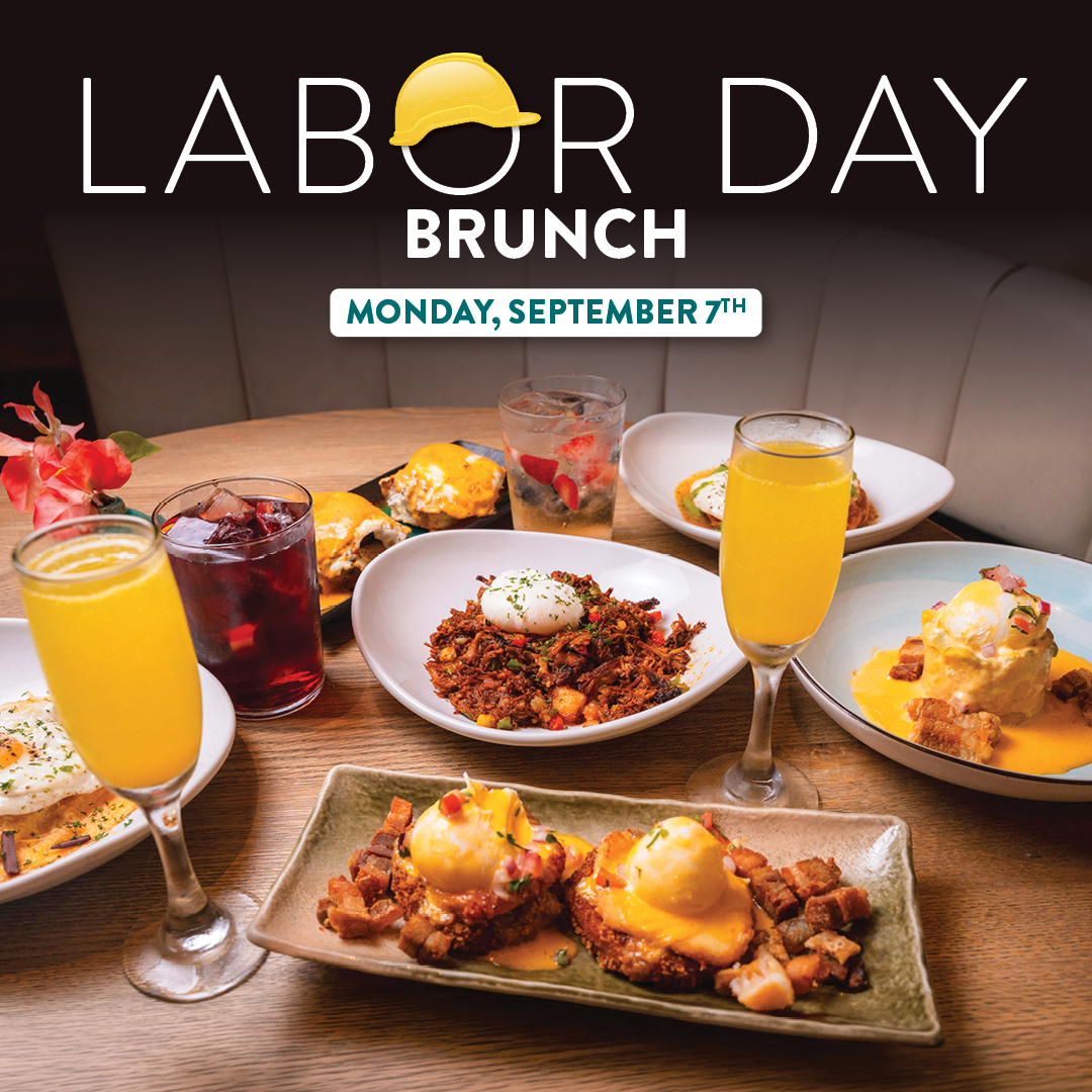 Pisco y Nazca Labor Day Brunch promotion featuring Peruvian-inspired brunch dishes, mimosas, sangría, cocktails, and the message “Labor Day Brunch” for Monday, September 7th.
