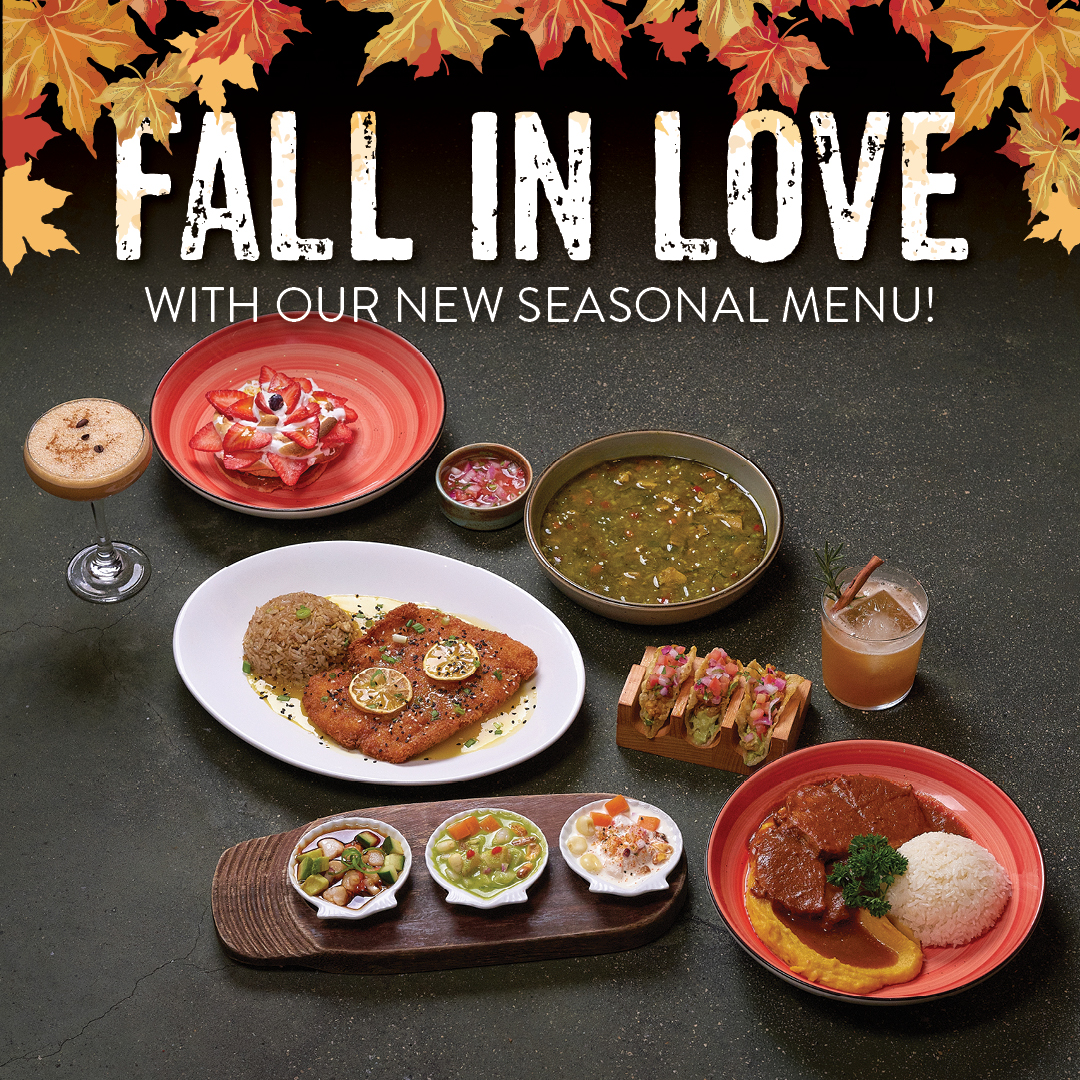 Pisco y Nazca Fall seasonal menu featuring a golden cocktail and crispy breaded fish with rice, with text reading “Fall in Love with Our New Seasonal Menu!”